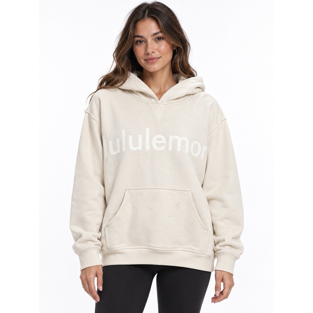 Lululemon White Logo Pullover Hoodie Size 4 Kangaroo Pocket Athleisure
